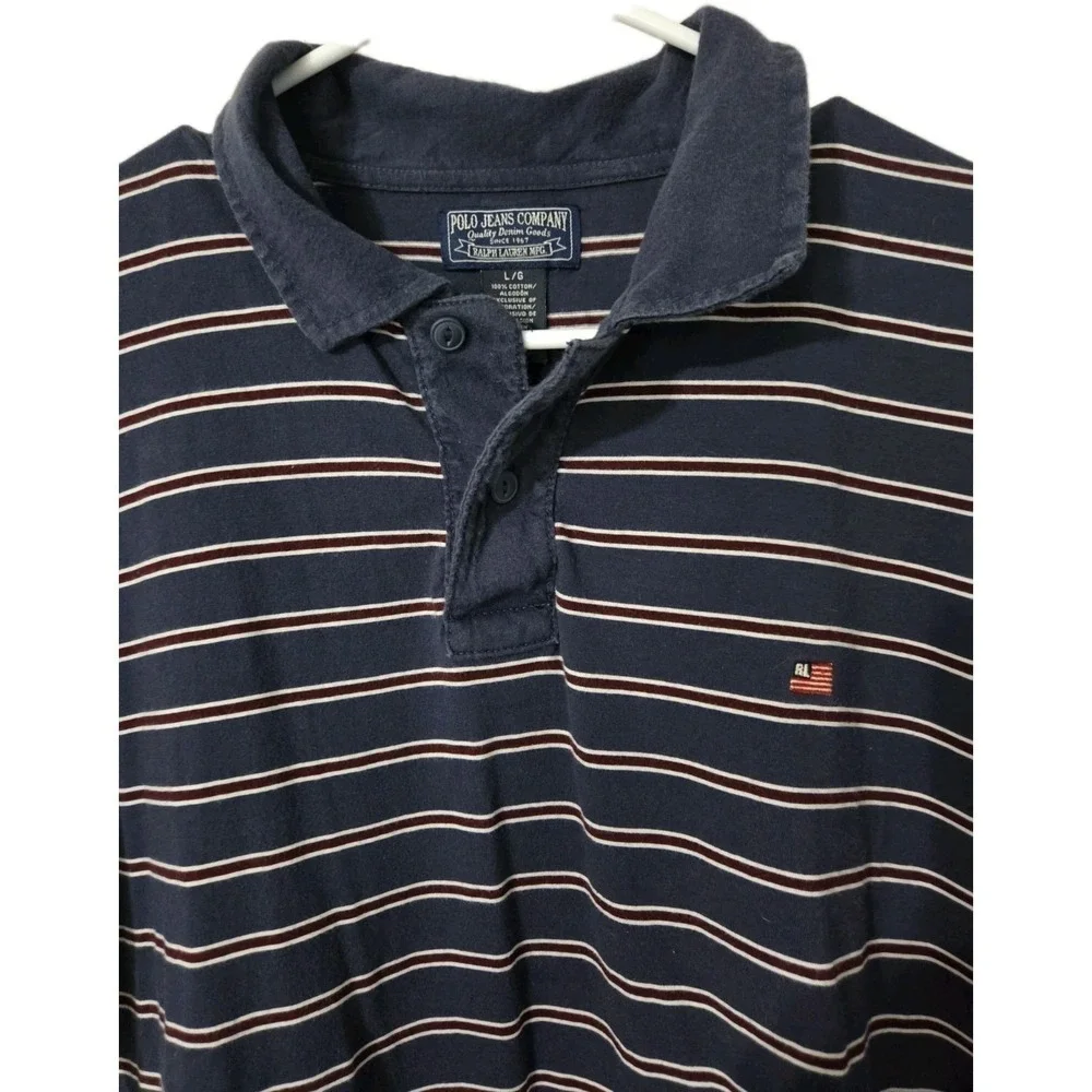 Polo Jeans Company Ralph Lauren Navy Striped Short Sleeve Polo Shirt, Large